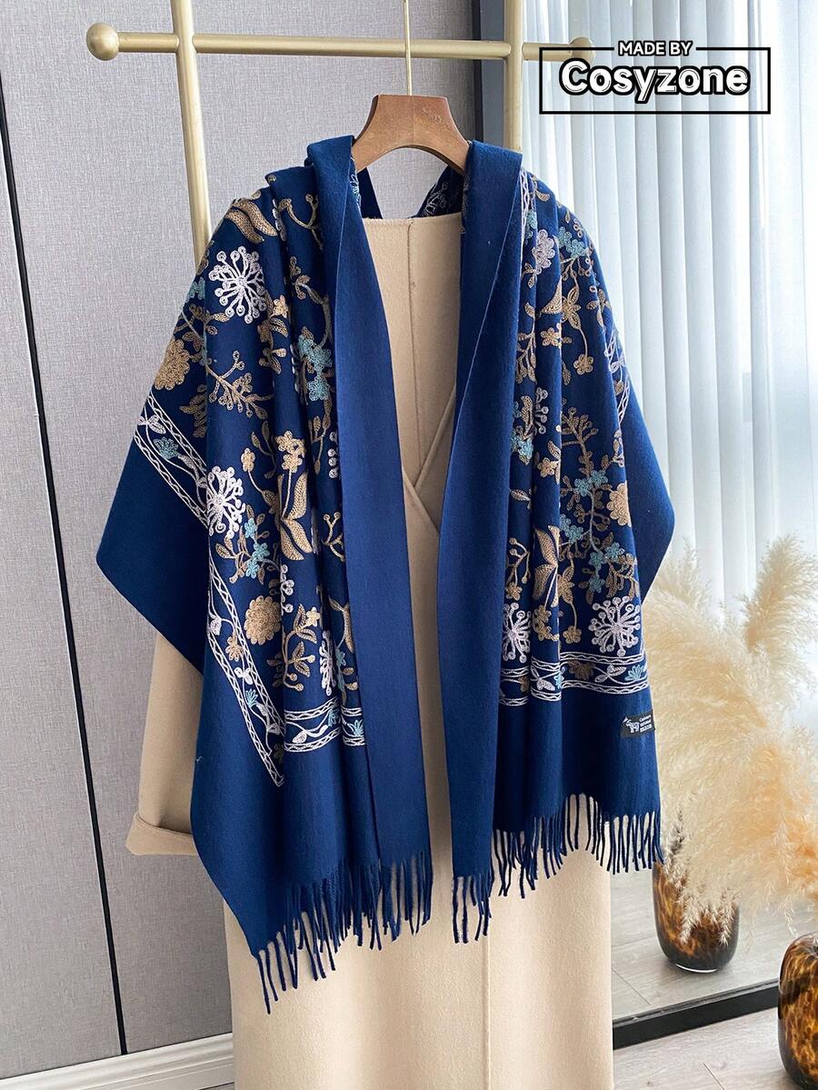 1件装女士秋冬仿羊绒刺绣围巾，加厚保暖流苏刺绣波西米亚风旅行披肩斗篷，可搭配连衣裙 - 藏蓝色 - 查看 1