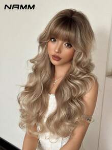 NAMM 26 英寸挑染棕金色波浪假发，宽松长卷发，带刘海，深色发根，高品质耐热纤维合成长卷发假发，适合时尚女性和女孩派对角色扮演使用 - 紫色 - 查看 4