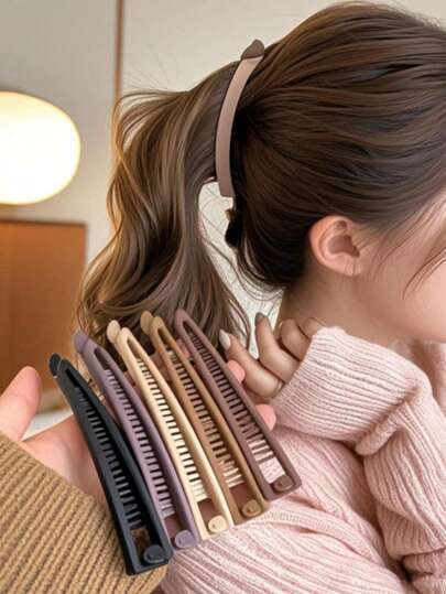 5pcs/1pc Women's Khaki Elegant Matte Banana Hair Clips, Simple Style Versatile Ponytail Claws, Hair Accessories Gift For Family, Friends And Couples