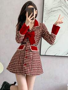 RUIWY 女士时尚优雅千鸟格蝴蝶结装饰红色连衣裙，收腰修身，适合节日、婚礼