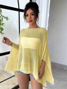Women Sheer Mesh Poncho Top Crochet Knit Lightweight See Through Shawl Wrap Summer Oversized Loose Shrug Beachwear Swimsuit Bikini Cover Ups - 黃色 - 查看 3