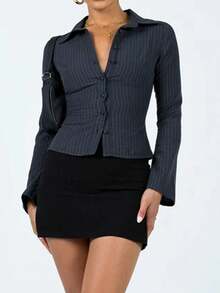 Women Y2k Button Down Shirts Casual Long Sleeve V Neck Collared Slim Fit Crop Top E-Girls Coquette Vintage Blouse - 彩色 - 查看 1