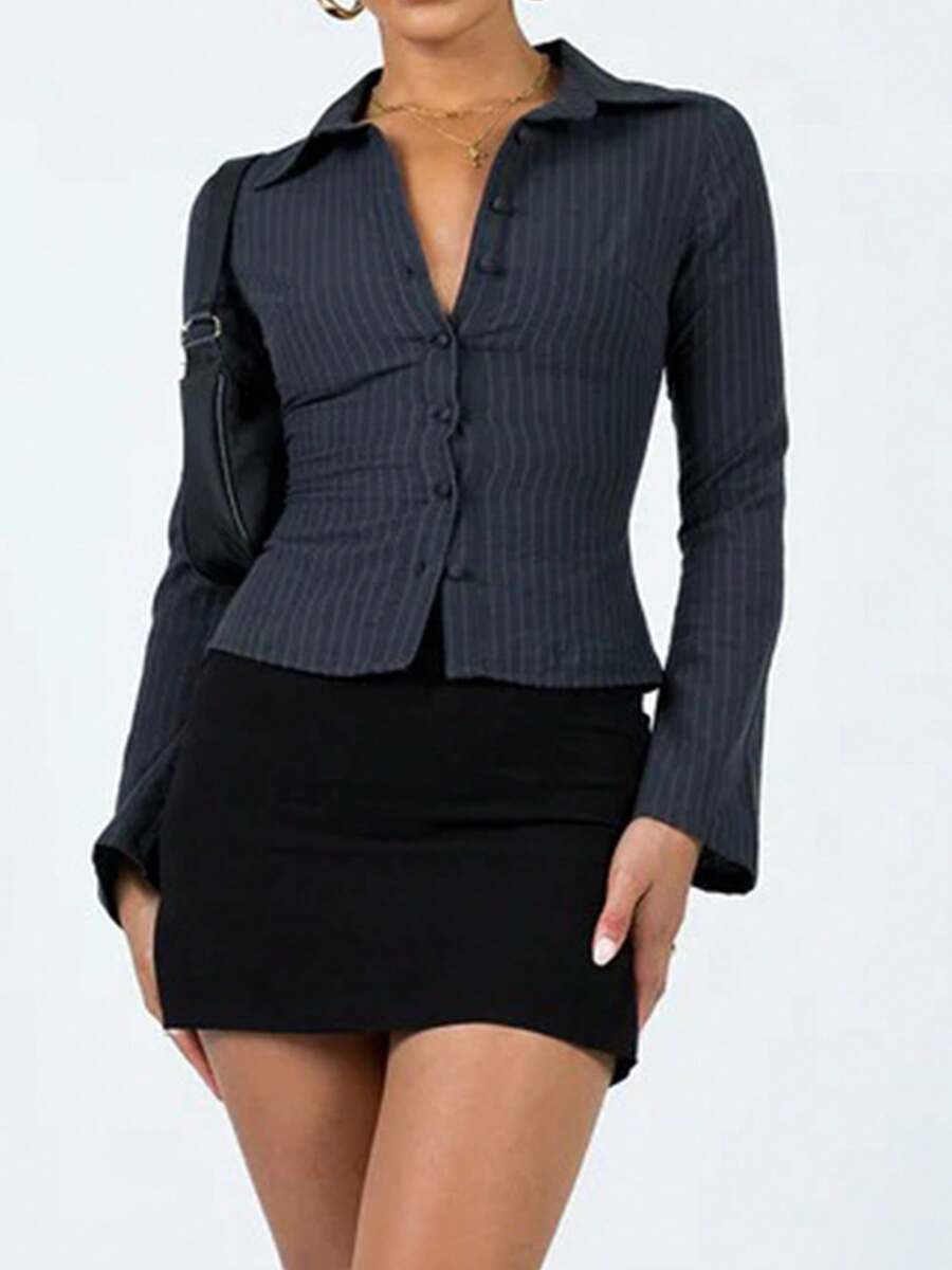 Women Y2k Button Down Shirts Casual Long Sleeve V Neck Collared Slim Fit Crop Top E-Girls Coquette Vintage Blouse - 彩色 - 查看 1