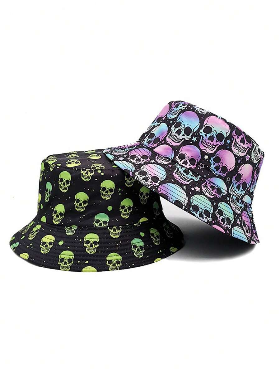 1 件万圣节骷髅印花渔夫帽，可双面佩戴，男女通用防晒钓鱼帽 - 骷髏漁夫帽 - 查看 1