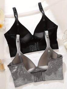 2PCS Women's V-Neck Padded Seamless Straps Bralette, Adjustable Spaghetti Straps Everyday Basic Sleeping Bra, Sports Bras For Women, Sports Bra - 彩色 - 查看 2