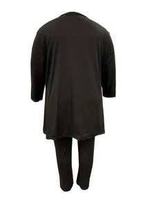 Plus Size Women's Fashionable Two-Piece Suit, Short Top In Front And Long Back Solid Color Trousers Suit, Casual Two-Piece Suit - 黑色 - 查看 2