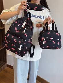 三件套时尚草莓印花书包套装，包含书包、午餐包和铅笔盒，带笔记本电脑隔层、可调节肩带、多口袋大容量多功能书包套装，适合女生/青少年/大学生/毕业生日常使用/度假/旅行/返校 - 黑色 - 查看 6