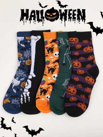 3/5 双男女通用万圣节中筒袜，万圣节、圣诞节、南瓜趣味设计，男士长袜，秋冬中筒袜，骷髅，酷炫，节日袜，街头，防臭，吸湿排汗，适合舞会、派对、节日疯狂风格、夜店、街头、万圣节袜子