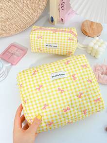 1 Pc/Set Cute Grid Pattern Cosmetics Storage Bag Foam Quilted Make Up Bag Pink Bow Print Travel Toiletry Bag Cute Yellow Cosmetics Storage Bag Large Capacity Makeup Pouch Lovely Grid Print Home Items Organizer Bag Multi-Functional Handheld Make Up Bag Zippered Pencil Case Classic Grid Print Jewelry Organizer Bag,