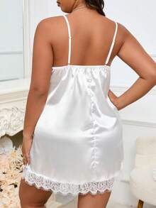 1 pieza Vestido de tirantes de seda sintética sexy talla grande, adecuado para el hogar, fiestas privadas, San Valentín, bodas, vestido de tirantes de seda sintética con aplicaciones de encaje