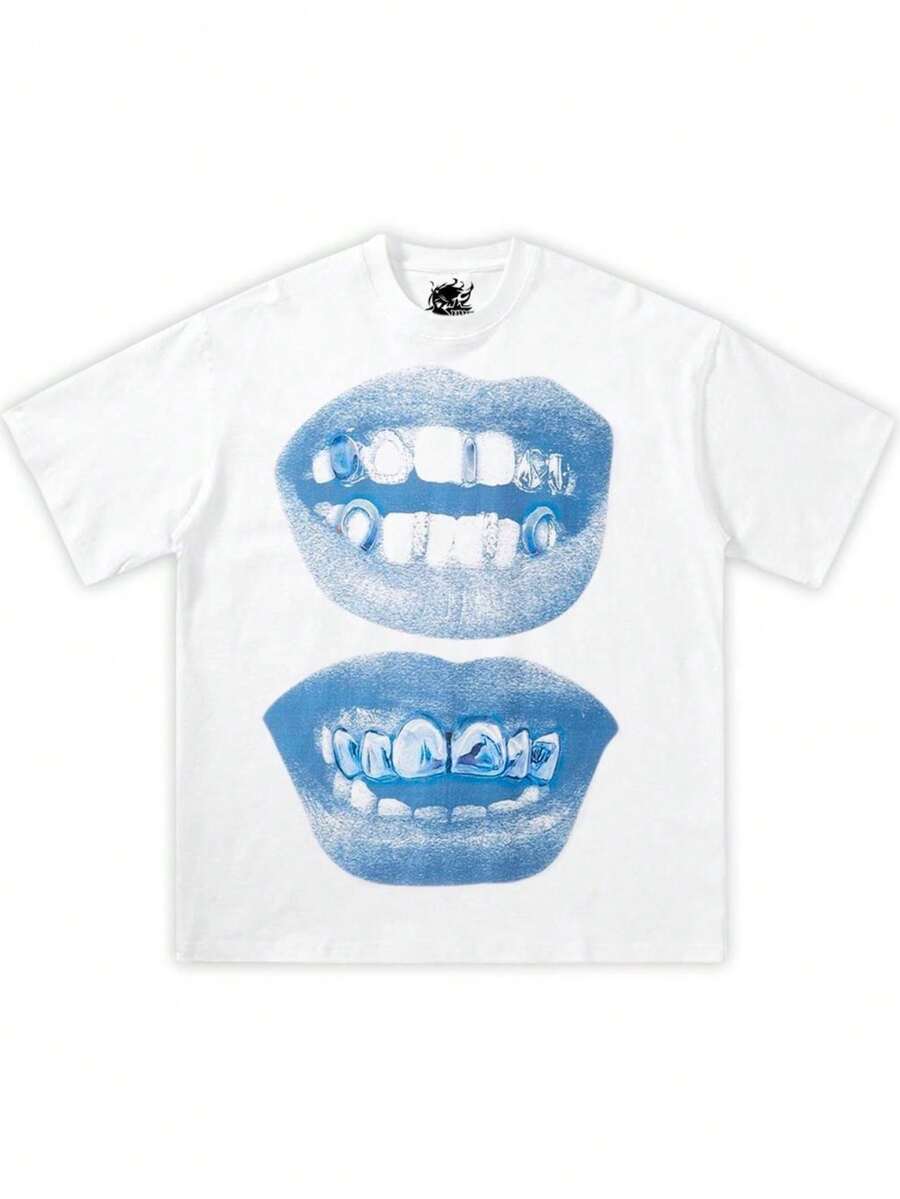 Double Blue Lips Grillz Boxy Cotton Tee Shirt Boxy Shirt Opium, Y2k, Fashion, Streetwear, Unisex, Men, Women, Cotton, Crew Neck, Y2k - 白色 - 查看 1