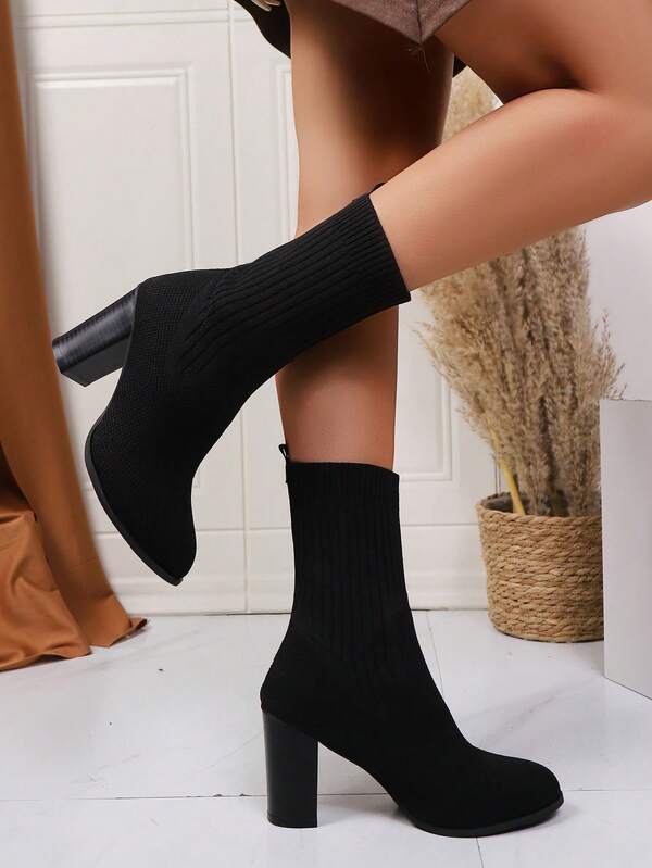 2025 Autumn/Winter Knitted Fashion Versatile Slim Boots For Women, Size 43, Chunky Heel, Pointed Toe Mid-Calf Boots, High Heel Fashionable Sock Boots