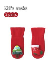 2 Pairs Kids Christmas Socks, Cartoon Anti-Slip Indoor Socks, Warm Toddler Socks, New Year Red Socks