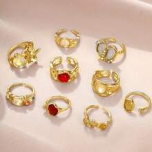 Irregular Shaped Artificial Crystal Open Ring Set, Retro Bohemian Style Stacked Ring Set, Women's Fashionable Jewelry Party Daily Wear Vacation Gift - 9Pcs/Set - 查看 2