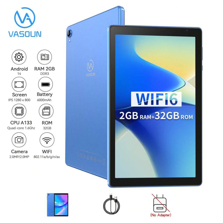 VASOUN TAB 10 Lite Android 14 Tablet PC 2GB RAM/32GB Rom ,Supports 512GB Expand/10.1 Inch 1280*800 Ips Screen/Quad-Core, A133 /802.11b WiFi/WIFI 6 802.11ax/BT 5.0/6000mah/Type-C/2mp+2mp Camera(No Adapter) - Blue - View 1