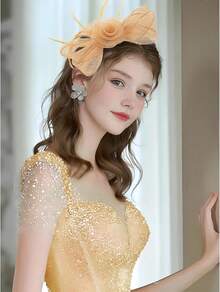 Unpifolov Fascinators Hats Flower Mesh Feathers Headband Tea Party Wedding Derby Cocktail Hair Clip Headwear Girls Women - 深黃色 - 查看 3