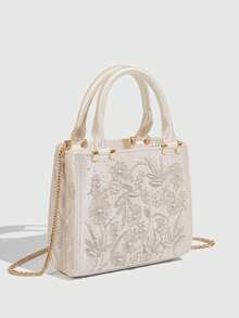 Moonlight White Faux Pearl Embroidered Mini Handbag, Exquisite Floral Embossed Evening Bag , Gifts For Women - White - View 3