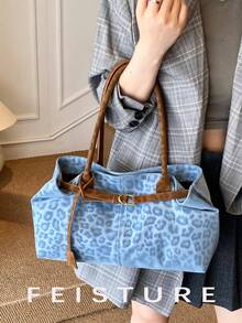 1pc FEISTURE Leopard Print Color Block Large Capacity Tote Bag, Fashion Strap Decor Shoulder Bag, Magnetic Closure, Suitable For Daily Outing, Dating, Commuting, Bags For Ladies Fashionable