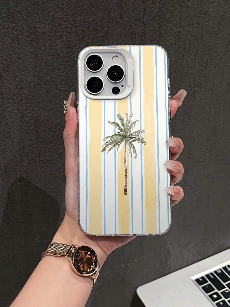 Striped Palm Tree Pattern Phone Case, Personalized Compatible With IPhone 16 Pro Max, 15/14 Plus, 13, 12, 11 Protective Cover - Silver White Frame - View 1
