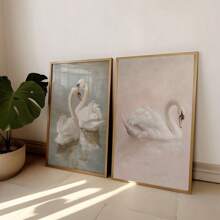 1/3 件白天鹅莲花复古动物艺术品海报帆布画墙面艺术画家居乡村农舍装饰可选画框