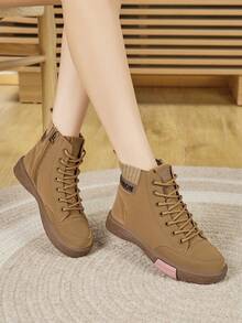 Women's Flat Lace-Up Fashion Western Boots, Lightweight Soft Sole Durable Outdoor Casual Side Zipper Ankle Boots, Autumn/Winter