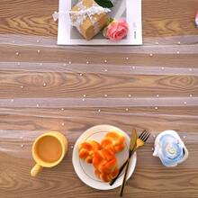 10 英尺白色薄纱蕾丝桌布，婚礼桌旗，珍珠装饰，适用于新娘送礼会、生日派对、婚礼拱门、甜点桌装饰，32 x 118 英寸 - 白色 - 查看 5