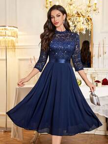 MIUSOL Abito a balze in chiffon con scollo a collo alto, maniche a 3/4, orlo con volant, decorato con paillettes e pizzo floreale, elegante abito da sera per signora, linea A, adatto per invitati a matrimoni, cerimonie di laurea, cene formali e altre occasioni, San Valentino - Blu Navy - Visualizzare 11