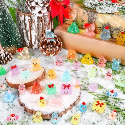 30 Pcs Mini Christmas Luminous Figurines, Christmas Resin Miniatures Glow In The Dark Tiny Figures To Hide Small Snowman Figures For Party Favors Bag Fillers Garden