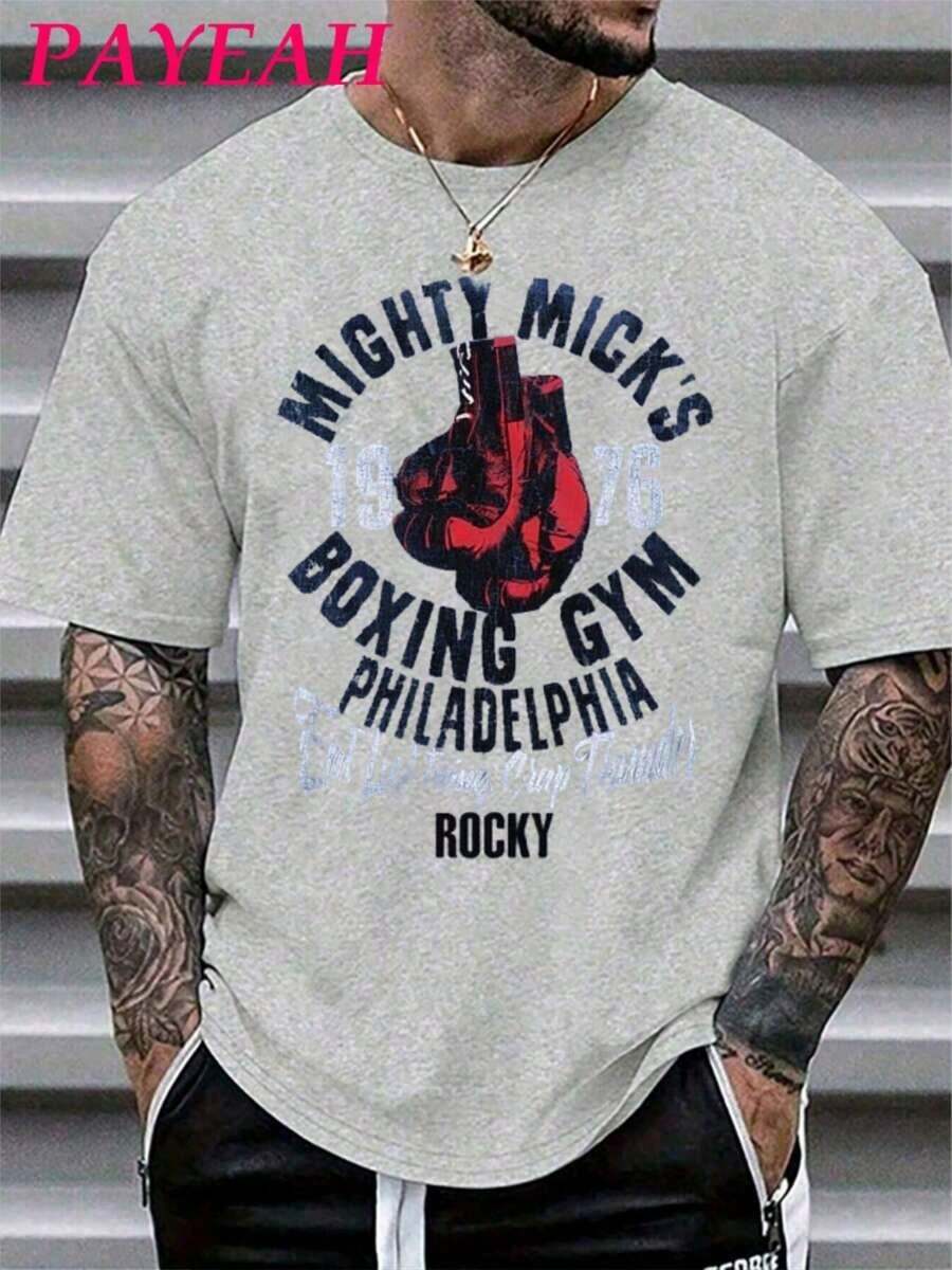 PAYEAH Men's T-Shirt, Mighty Mick Boxing Gym Graphic Tee (One Piece), 100% Cotton, 220g Heavyweight Cotton T-Shirt - 淺灰色 - 查看 1