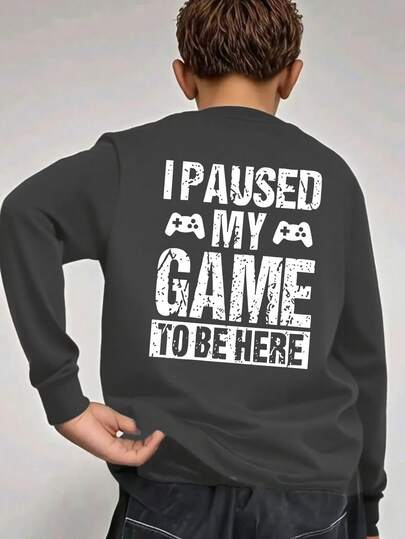 Tween Boy 时髦印花圆领长袖 T 恤，秋冬上衣