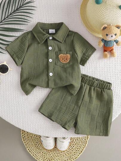 2pcs Baby Boy Street Fashion Textured Pocket Bear Embroidered Shirt And Shorts Set