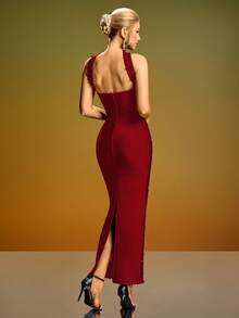 Elegant Asymmetric Rhinestone Pleated Formal Evening Gown For Party, Wedding Spring Red Fall - Red - View 2