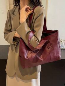 潮流跨境手提包，男女通用，时尚，PU材质，纯色，简约，多功能肩包/腋下包/手提包，适合日常休闲、通勤、购物、旅行及各种场合。 - 酒紅色 - 查看 3