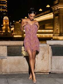 Basrey 吊带V领轻薄亮片流苏鸡尾酒礼服、派对礼服、短裙，适合毕业典礼、生日派对、鸡尾酒会、夜店性感装扮、女士生日礼服、女士度假装扮 - 粉色 - 查看 5