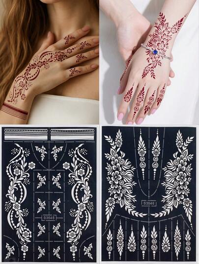 2 张指甲花纹身模板花卉图案模板贴纸镂空纹身贴纸模板曼海蒂图案适用于手部女性女孩身体艺术绘画