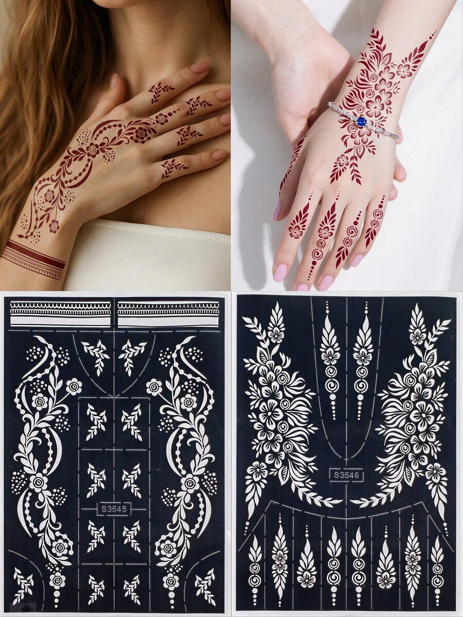 2 Sheets Henna Tattoo Stencils Flora Pattern Stencil Stickers Hollow Tattoo Sticker Stencils Mehndi Designs For Hand For Women Girls Body Art Painting,Formulated Without Henna