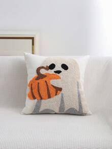 1 pezzo/2 pezzi Federa per cuscino ricamata in peluche con motivi di fantasmi, zucche e scritta "DOLCETTO O SCHERZETTO", lavorazione interamente ricamata, decorazione di Ognissanti per soggiorno, camera da letto, divano, letto, patio esterno, giardino, auto, adatta per tutte le stagioni, 45*45cm (senza imbottitura) - Multicolore - Visualizzare 4