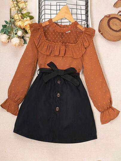 Conjunto de 2 piezas de ropa para niñas pequeñas, manga larga con volantes, encaje de nailon, falda sólida.