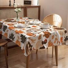 1pc Thanksgiving Turkey & Autumn Leaves Pattern Tablecloth, Seasonal Kitchen/Dining Table Decor, Round/Rectangular Sizes Available, Polyester Material, Indoor/Outdoor Party Decoration, Thanksgiving Holiday Decor, Home & Event