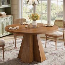 LITTLE TREE Circle Kitchen Table With Pedestal Base, Round Dining Table For 4, Farmhouse, Space Saving, Dining Room, Kitchen, Living Room, Walnut Brown - 棕色 - 查看 4