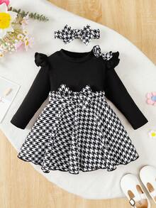 女婴法式优雅套装（2件套）：黑白千鸟格连衣裙+黑色荷叶边袖上衣+发带，0-5岁针织条纹连衣裙，日常穿着及拍照服装，2025春秋新款 - 黑色 - 查看 2