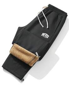 Pantalones de chándal con forro térmico para hombres de talla grande, pantalones rectos con cordón y bordado de sherpa, adecuados para invierno y otoño - Negro - Ver 7