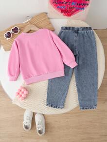 2件套少女可爱粉色蝴蝶结上衣和休闲蝴蝶结雪花牛仔裤套装，秋冬新款 - 粉色 - 查看 2