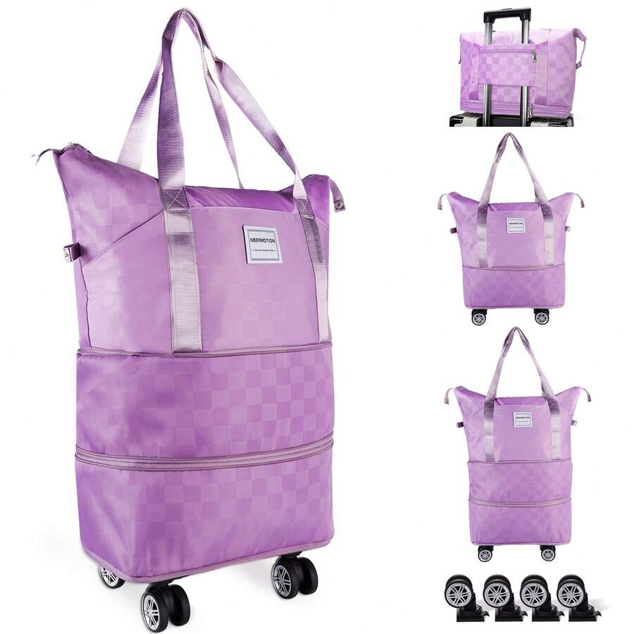 Expandable Rolling Duffle Bag - Large Carry-On With Spinner Wheels, Foldable Weekend Travel Bag, 28-58L Capacity - Màu tím - Xem 1
