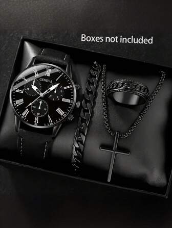 4 st/set herrklocka i svart PU-läder med romersk skala, kvartsur, armband, halsband och ring, lämplig för vardagsbruk eller fars dag-present