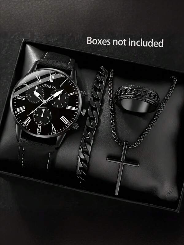 Set de 4 piezas de reloj de cuarzo con esfera de escala romana, correa de cuero de PU negro, pulsera, collar y anillo de joyería casual para hombres, adecuado para uso diario o como regalo para el padre en festividades
