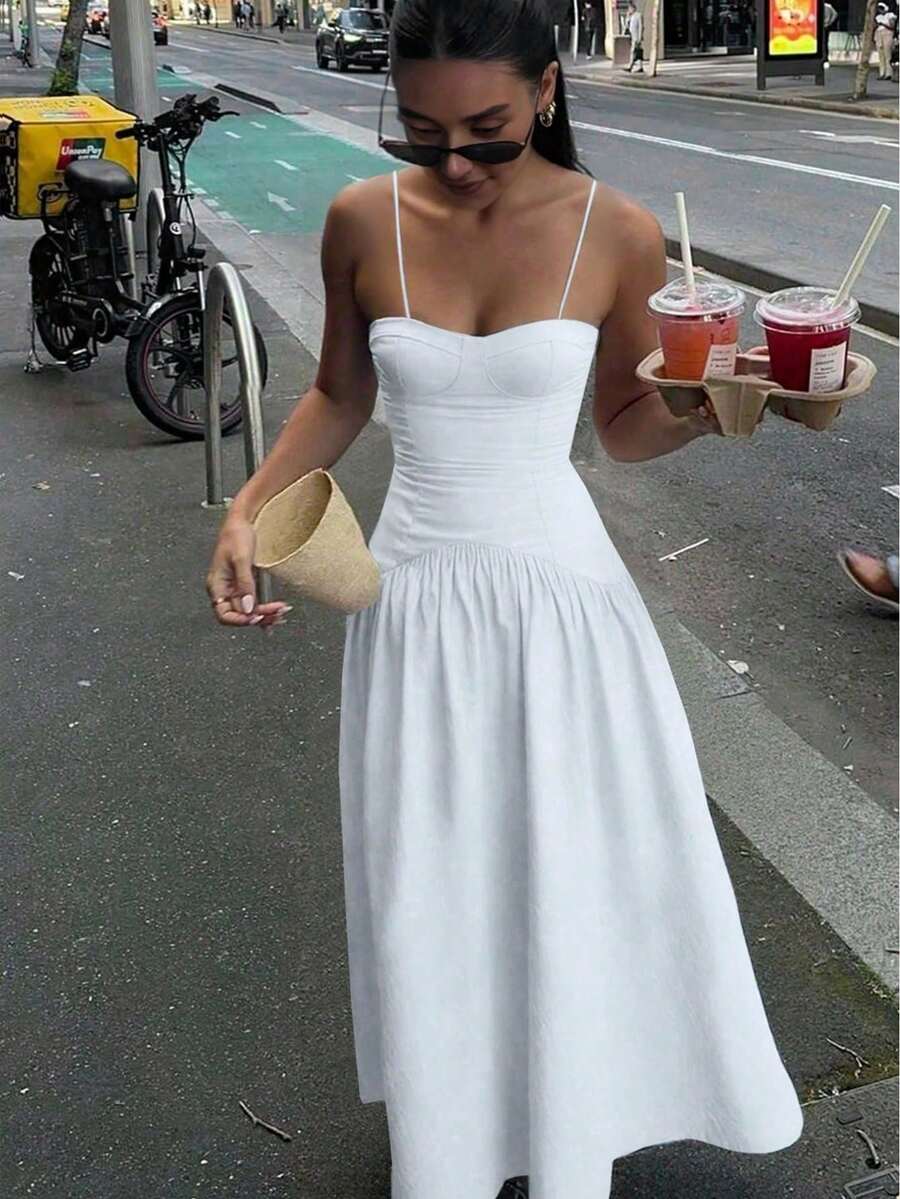 Đầm dự tiệc mùa xuân hè gợi cảm, đơn giản, màu trơn, khâu nhún cho nữ - trắng - Xem 1