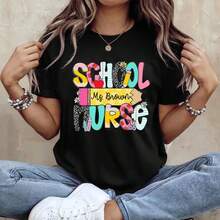 Womens Summer Tops School Nurse Shirt, School Nurse Gift For School Nurse, School Nurse TShirt, Back To School Nurse Tee, Cute Retro School Nurse T-Shirts Oversized Graphic Tees For Women,Casual Round Neck Short Sleeve T-Shirt Fashionable Dressing - đen001 - Xem 2
