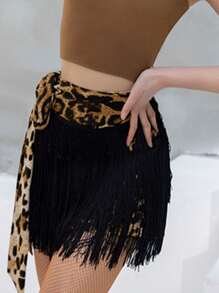 1 件咖啡色拉丁舞裙 - 女式流苏裙，一体式系带腰线腰链裙，适合舞蹈团