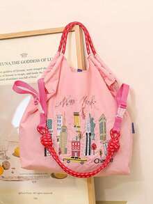 1pc Fashionable Versatile Embroidered Tote Bag, Lightweight Commuter Nylon Organizer Shopper Bag - Multicolor - View 5